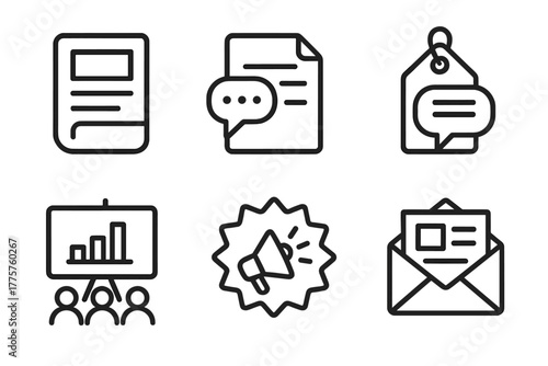 Franchise Communication Icons. Line style icons of Franchise Communication Channels: Internal newsletter icon, team chat file,