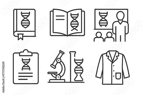 Genetic Engineering Icons. Line style icons of genetic engineering: educational icon, DNA teaching book, classroom model, biology