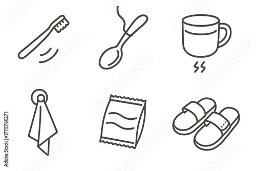 Zero-Gravity Daily Items. Line style icons of Zero-Gravity Items in Daily Life: floating toothbrush, tethered spoon, magnetic cup,