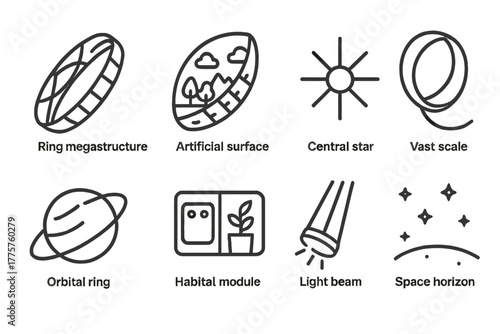 Ringworld Line Art. Line style icons of Ringworld: Ring Megastructure, Artificial Surface, Central Star, Vast Scale, Orbital Ring,