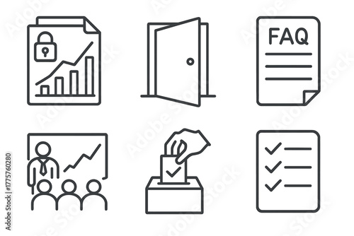 Hedge Fund Icons. Line style icons of hedge funds: fund transparency graph, open-door policy icon, FAQ document, annual general