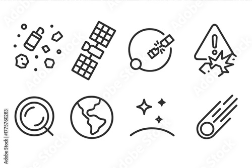 Space Junk Icons. Line style icons of Space Junk: Floating Debris Field, Satellite Panel, Orbit Arc, Collision Warning, Telescope