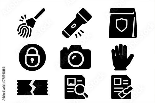 Forensic Tools Icons. Solid style icons of Forensic Locks: fingerprint dust, UV light, evidence bag, lock close-up, photo camera,