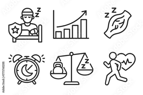 Sleep Therapy Icons. Line style icons of sleep therapy: sleep performance in athletes, recovery chart icon, muscle repair during