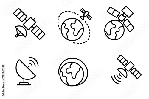 Meteorology Line Icons. Line style icons of meteorology: weather satellite, polar orbit, geostationary satellite, satellite dish