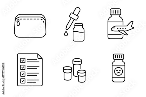Travel Homeopathy Essentials. Line style icons of travel-friendly homeopathy: portable pouch, neck dropper, airplane-safe bottle,