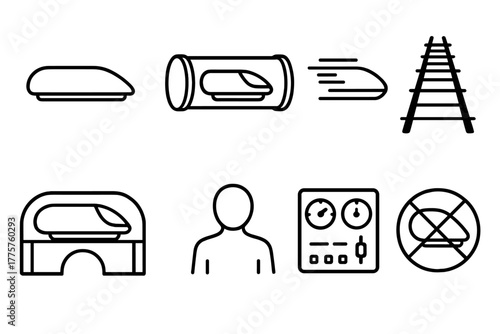 Hyperloop Line Art Icons. Line style icons of Hyperloop: Pod, Vacuum Tube, Transportation, High Speed, Track, Station, Passenger,