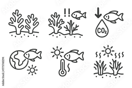 Marine Biology Icons. Line style icons of marine biology: coral bleaching, stressed reef, ocean acidification, climate impact icon