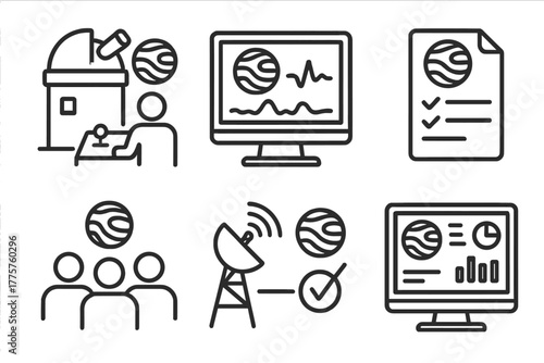 Exoplanet Research Icons. Line style icons of exoplanets: space observatory control, real-time data screen, exoplanet detection