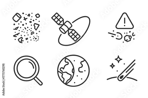 Space Junk Icons. Line style icons of Space Junk: Floating Debris Field, Satellite Panel, Orbit Arc, Collision Warning, Telescope