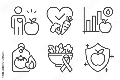 Nutrition Science Icons. Line style icons of nutrition science: nutrition and disease prevention, heart-healthy diet symbol,