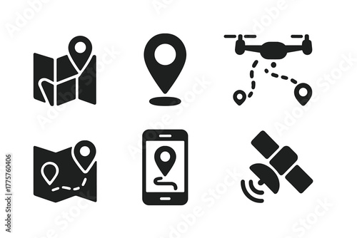 Smart Navigation Icons. Solid style icons of Smart Navigation: GPS map, location pin, drone path, compass, route planner, tracking