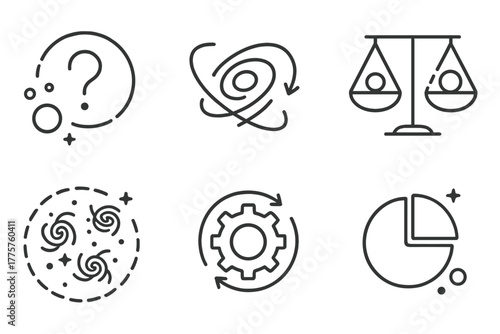 Dark Matter Icons. Line style icons of dark matter: missing mass problem, galaxy mass estimate, luminous vs total mass icon,
