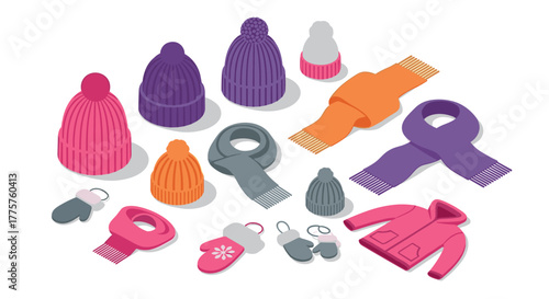 Isometric winter clothing collection with hats, scarves, and mittens in vibrant colors