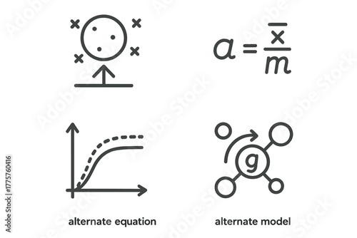Dark Matter Icons. Line style icons of dark matter: modified gravity theory, MOND icon, alternate equation, force modification