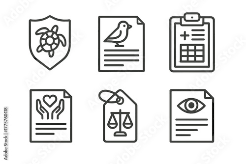 Rehab Legal Icons. Line style icons of Legal and Ethical Icons in Rehab: protected species badge, wildlife permit, care protocol