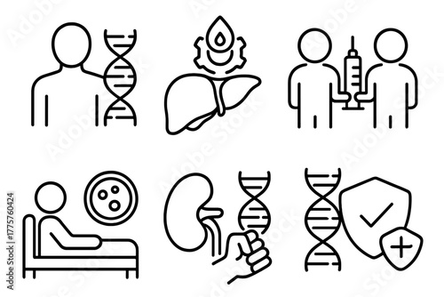 Cloning Technology Icons. Line style icons of cloning technology: personalized medicine, custom organ icon, clone-based therapy,
