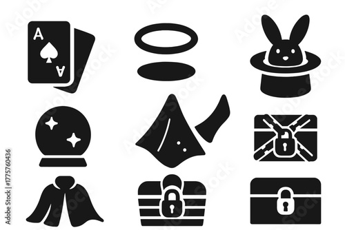 Magician Prop Icons. Solid style icons of Magician Props: deck of cards, levitation ring, rabbit in hat, crystal ball,