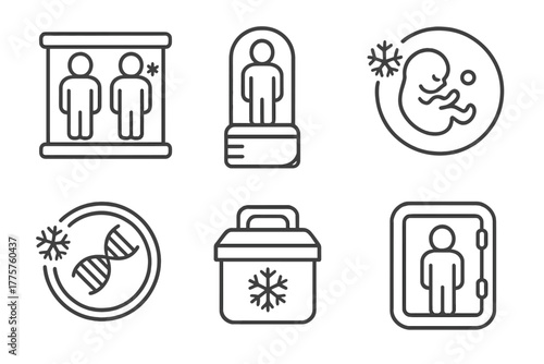 Cloning Technology Icons. Line style icons of cloning technology: clone storage, cryotank icon, frozen embryo, genetic