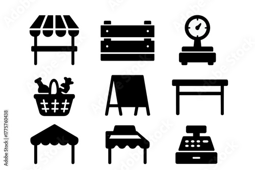 Farmer's Market Icons. Solid style icons of farmer’s market stall: striped tent, wooden crate, weighing scale, basket of goods,