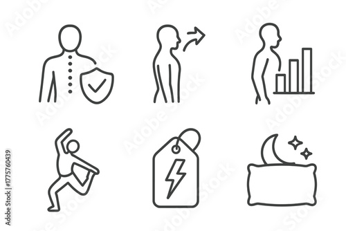 Chiropractic Care Benefits. Line style icons of chiropractic care: chiropractic benefits, improved posture icon, reduced pain
