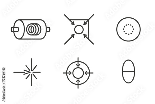Nuclear Fusion Icons. Line style icons of nuclear fusion: laser fusion chamber, inertial confinement, pellet target, laser beam