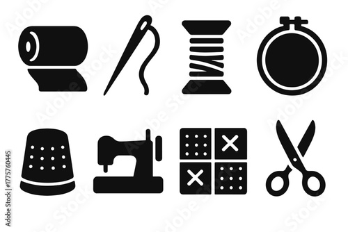 Textile Craft Icons. Solid style icons of Textile Craft: fabric roll, needle, thread spool, embroidery hoop, thimble, sewing