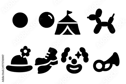 Clowning Arts Icons. Solid style icons of Clowning Arts: red nose, juggling ball, circus tent, balloon animal, silly hat, comedy