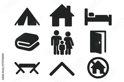 Emergency Shelter Icons. Solid style icons of emergency shelters: tent, house, bed, blanket, family group, open door, cot, roof