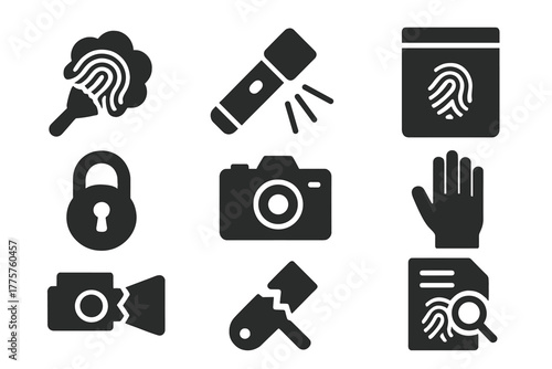 Forensic Tools Icons. Solid style icons of Forensic Locks: fingerprint dust, UV light, evidence bag, lock close-up, photo camera,