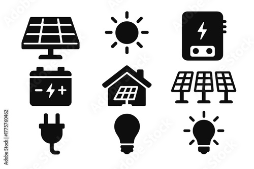 Solar Energy Icons. Solid style icons of solar energy: solar panel, sun, inverter box, battery storage, rooftop panel, solar farm,