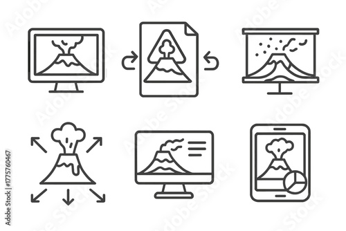 Volcanology Icons. Line style icons of volcanology: eruption simulation, hazard modeling icon, lava flow prediction, ash spread