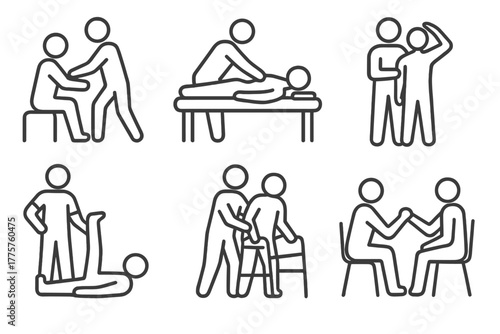 Physiotherapy Line Icons. Line style icons of physiotherapy sessions: therapist assisting patient, massage session, stretching