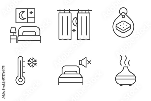 Sleep Therapy Icons. Line style icons of sleep therapy: sleep environment, blackout curtains icon, comfy mattress tag, cool room