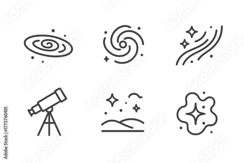 Galactic Line Icons. Line style icons of Galaxy: Cosmic Disk, Spiral Arms Glow, Star Cluster, Dust Stream, Telescope Tripod, Night