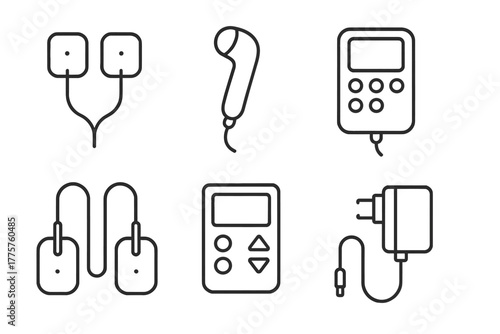 Electrotherapy Device Icons. Line style icons of electrotherapy devices: TENS electrodes, ultrasound wand, EMS unit, electrode