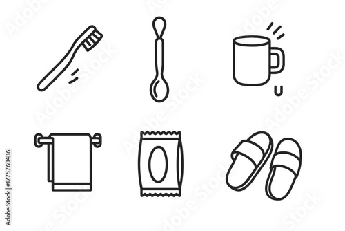 Zero-Gravity Daily Items. Line style icons of Zero-Gravity Items in Daily Life: floating toothbrush, tethered spoon, magnetic cup,