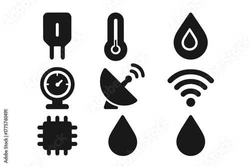Smart Sensor Icons. Solid style icons of smart sensors: soil probe, thermometer, humidity gauge, pressure meter, satellite dish,