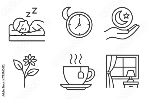Ayurveda Sleep Icons. Line style icons of Ayurveda: sleep and rest (Nidra), early bedtime icon, nighttime calm ritual,