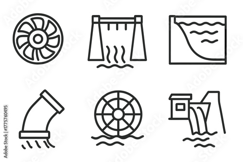 Renewable Energy Icons. Line style icons of renewable energy: hydroelectric turbine, dam wall icon, water reservoir, penstock pipe