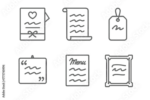 Calligraphy Icon Collection. Line style icons of Calligraphy Art Projects: wedding invitation card, poem scroll, name tag, quote