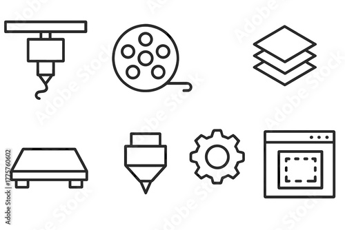 3D Printing Icons. Line style icons of 3D Printing: Printer Extruder, Filament Spool, 3D Model, Layer Structure, Print Bed, Nozzle