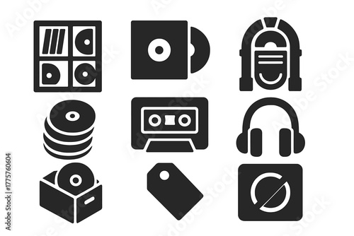 Music Collection Icons. Solid style icons of Music Collecting: record shelf, album cover, jukebox, CD stack, cassette tape,