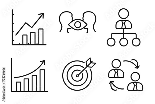 Mergers & Acquisitions Icons. Line style icons of mergers & acquisitions: merger impact graph, combined company vision,