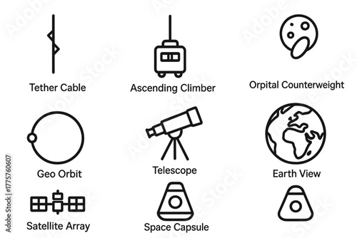 Space Elevator Icons. Line style icons of Space Elevator: Tether Cable, Ascending Climber, Orbital Counterweight, Geo Orbit,