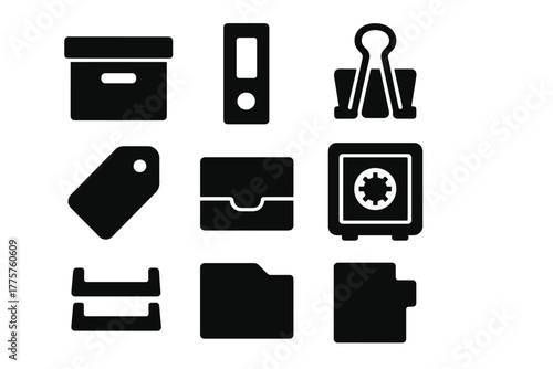 Organizational Icons Collection. Solid style icons of organizational items: storage box, archive folder, binder clip, label tag,