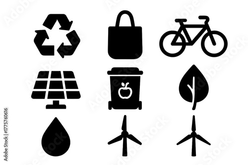 Eco-Friendly Icon Set. Solid style icons of eco-friendly market: recycling symbol, reusable bag, bicycle, solar panel, compost bin