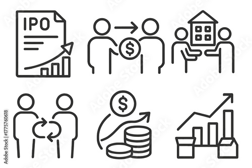 Private Equity Icons. Line style icons of private equity: IPO exit route, trade sale icon, secondary buyout, dividend