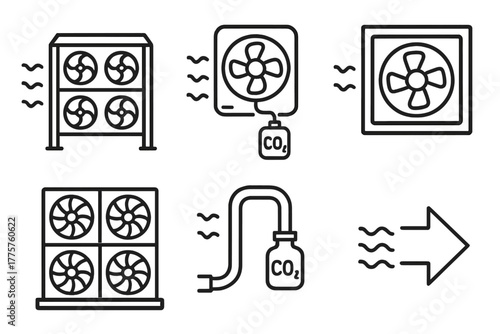 Carbon Capture Icons. Line style icons of carbon capture: direct air capture unit, DAC machine icon, modular air capture block,