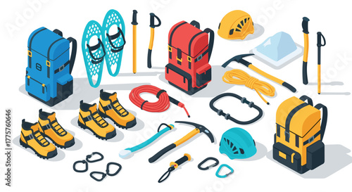 Outdoor adventure equipment in modern isometric style with backpack, climbing gear, and snow tools